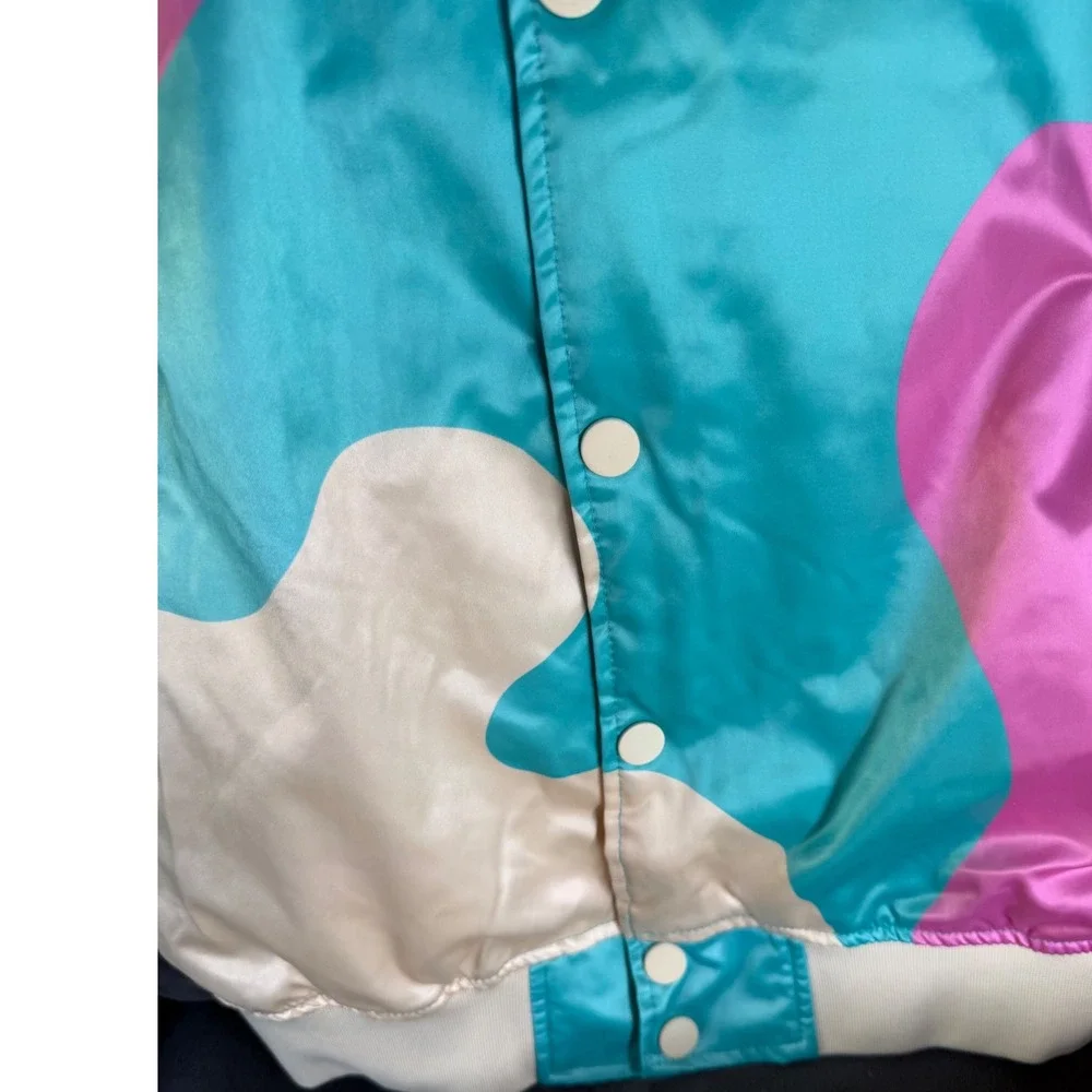 Roku Studio Eat The Rich Satin Varsity Jacket Pink Teal Colorblock Mens Medium